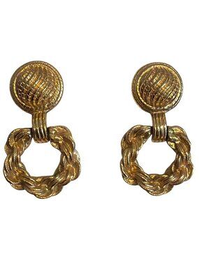 Vtg Monet Gold Tone Drop Hoop Earrings Twisted Rope Textured Chunky Estate 1.5"